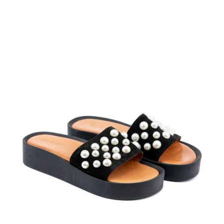 Ženske kožne papuče KATALEYA-TR103 crne ravne