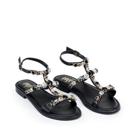 Ženske kožne sandale Ovye-AM3756 crne ravne